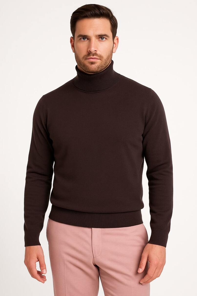 Men's Brown Turtleneck Sweater â€“ Classic Slim Fit Knit Pullover for Fall and Winter