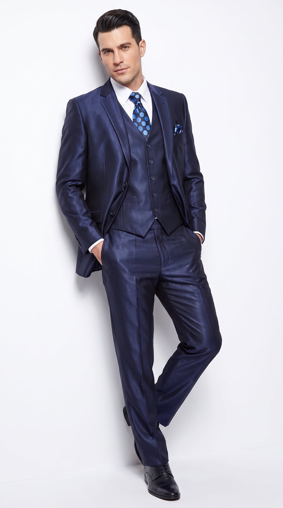 Men's Shiny Navy Blue Sateen 3-Piece Suit – Elegant Wedding, Prom Dress Suit with Matching Vest and Pants Slim Fitted