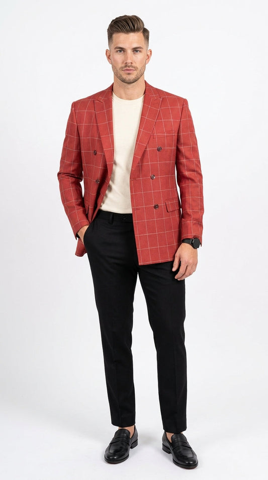 Men's Red Windowpane Plaid Double Breasted Suit – Modern Fit 2 Piece Wedding, Prom & Formal Dress Suit