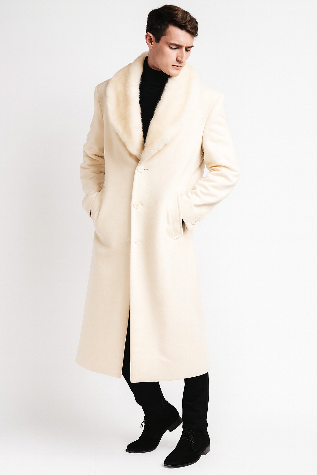 Mens Ivory - Cream - Off White Full-Length Overcoat with Luxurious Faux Fur Shawl Collar â€“ Winter Dress Coat