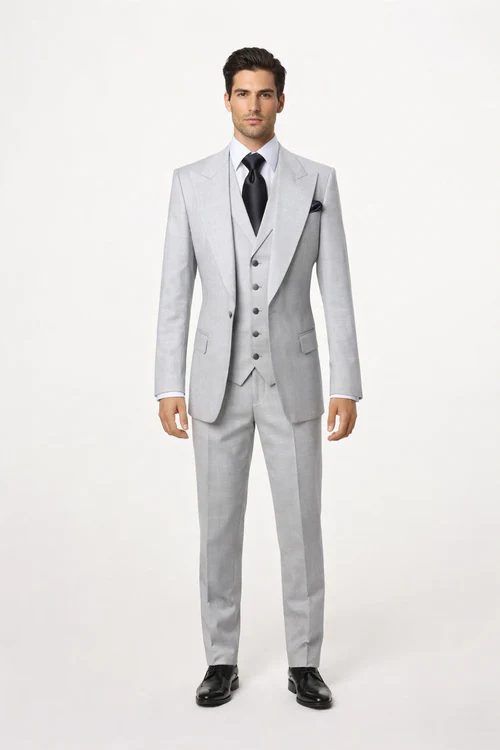 Suits With Baggy Pleated Pants - Wide Leg Pants 100% Wool - Classic Fit in Grey One Button 3 Piece Suit by Rossiman