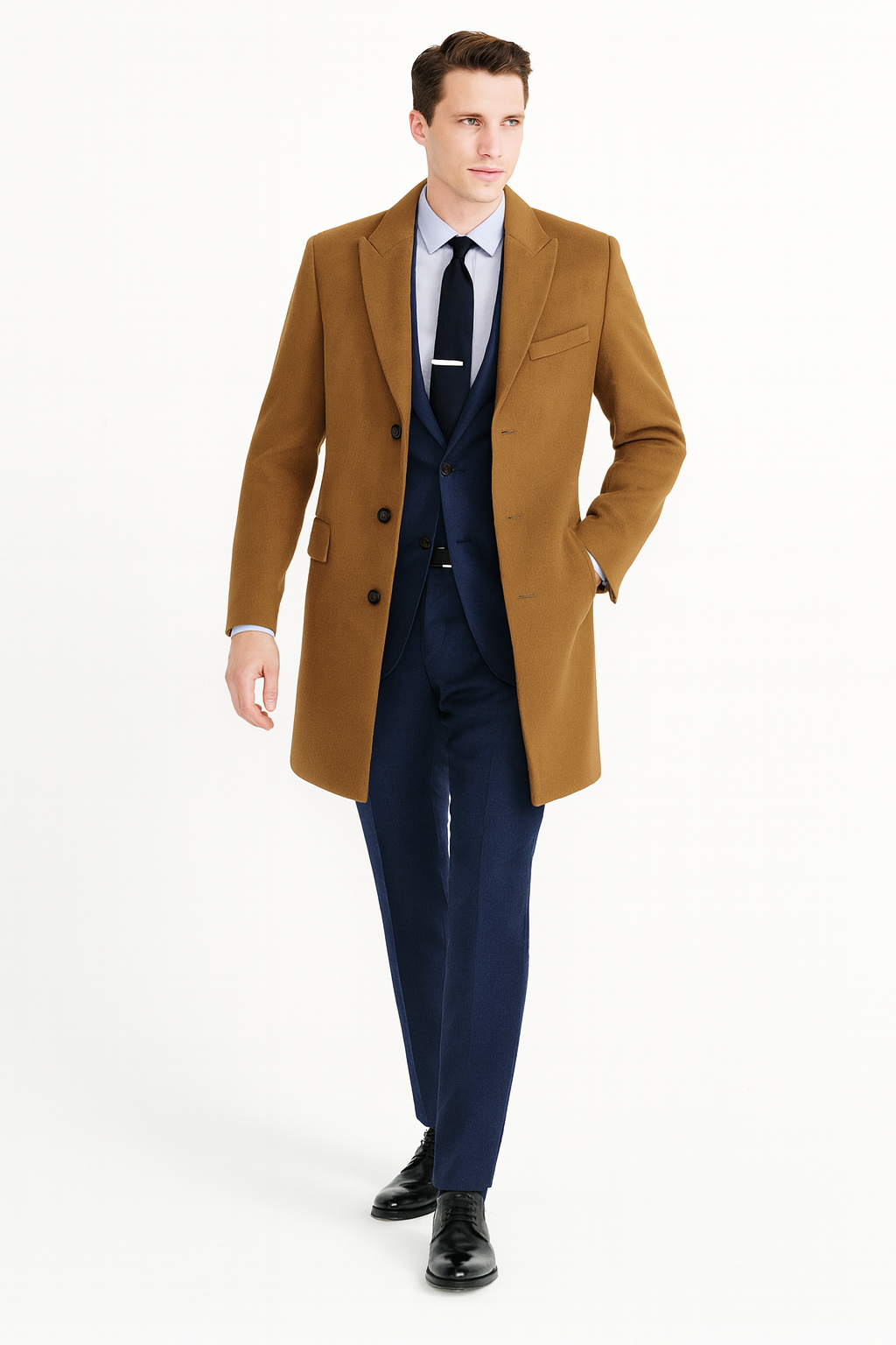Mens Camel Brown Wool Overcoat â€“ Classic Long Dress Coat for Business and Casual Wear in Vecuna Color