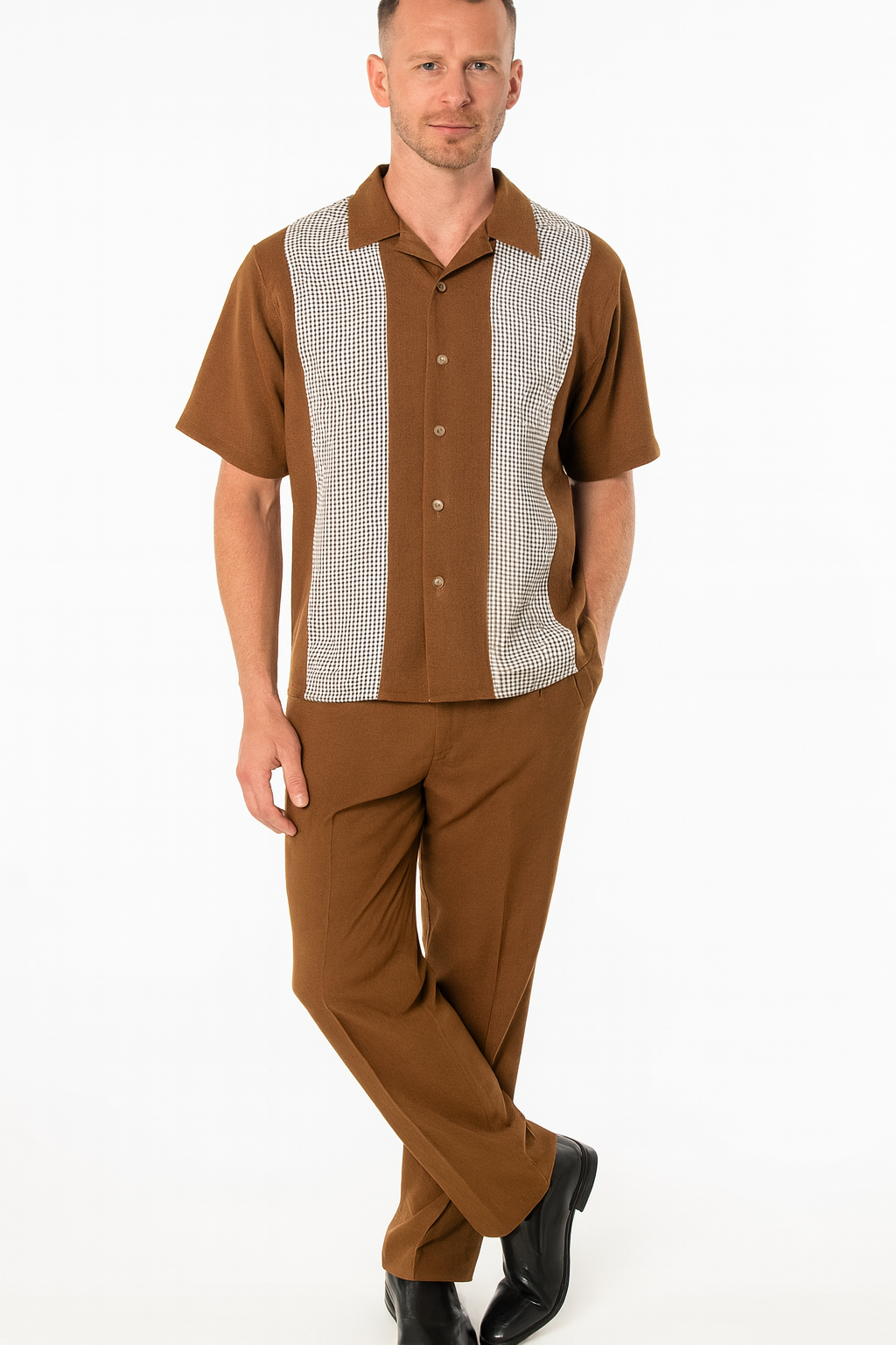 Mens Cognac Tan Two-Piece Outfit â€“ Short Sleeve Button-Up Shirt and Pants Set