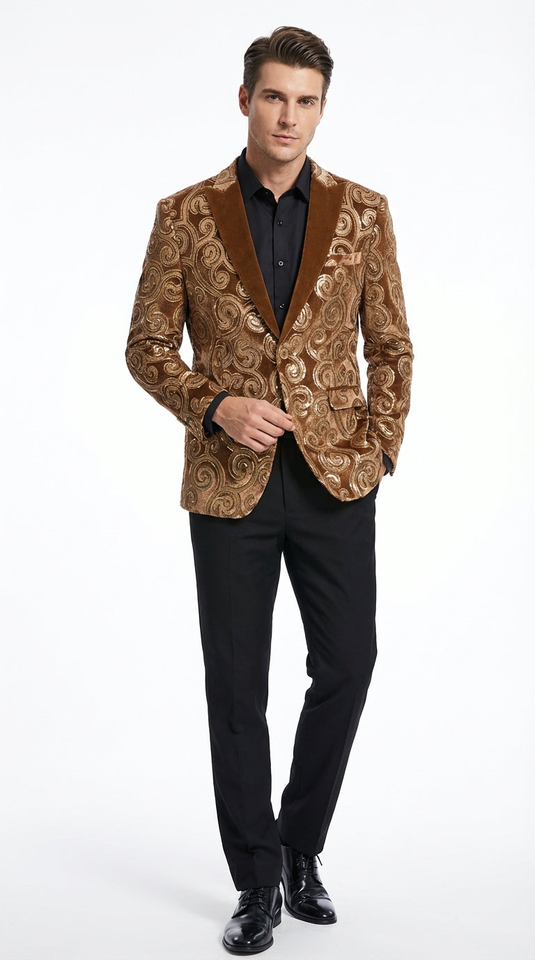 Men's Light Brown & Gold Baroque Embroidered Blazer Jacket | Tuxedo Dinner Jacket