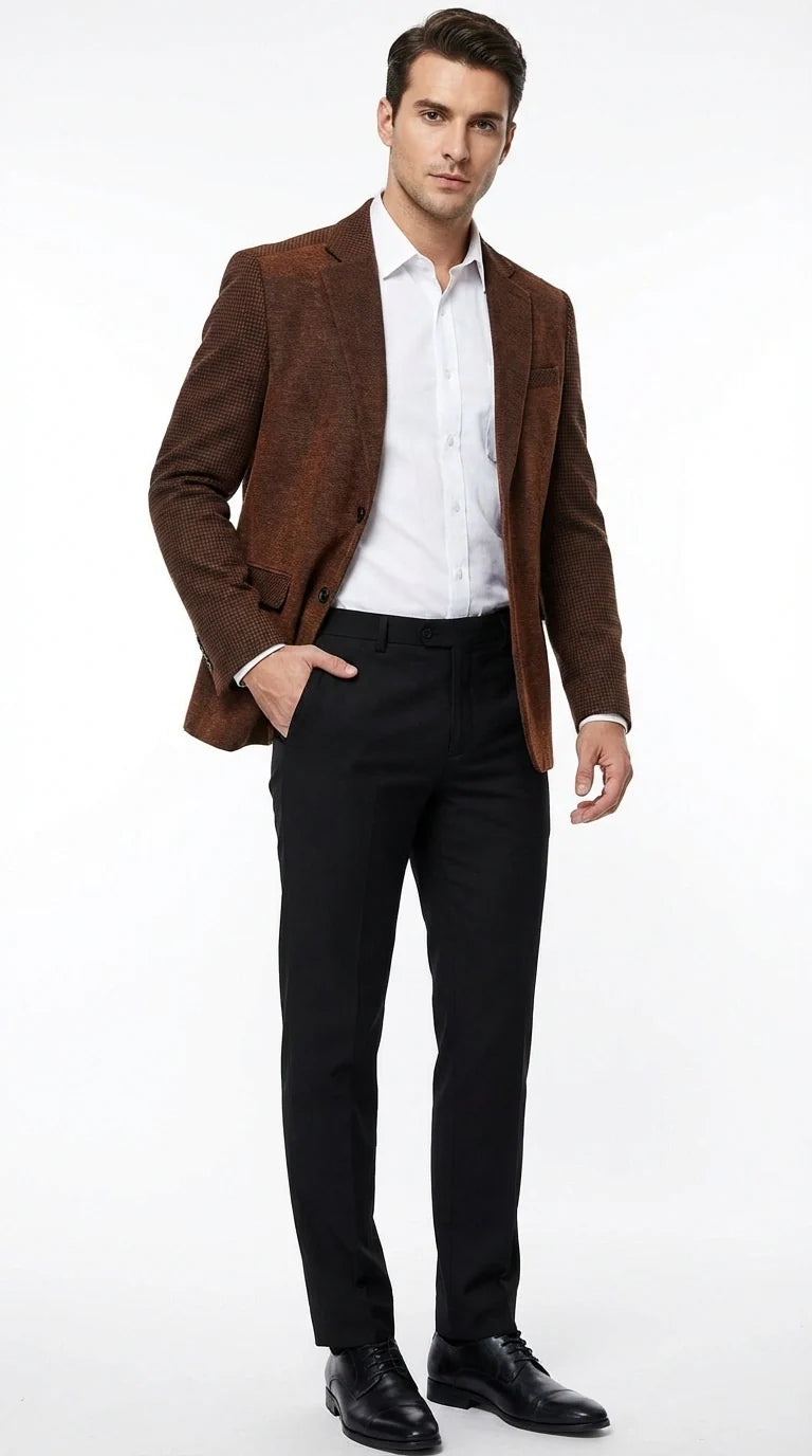 Men’s Zacchi Brown Textured Blazer – Classic Single Button Sport Coat with Notch Lapel Formal Jacket