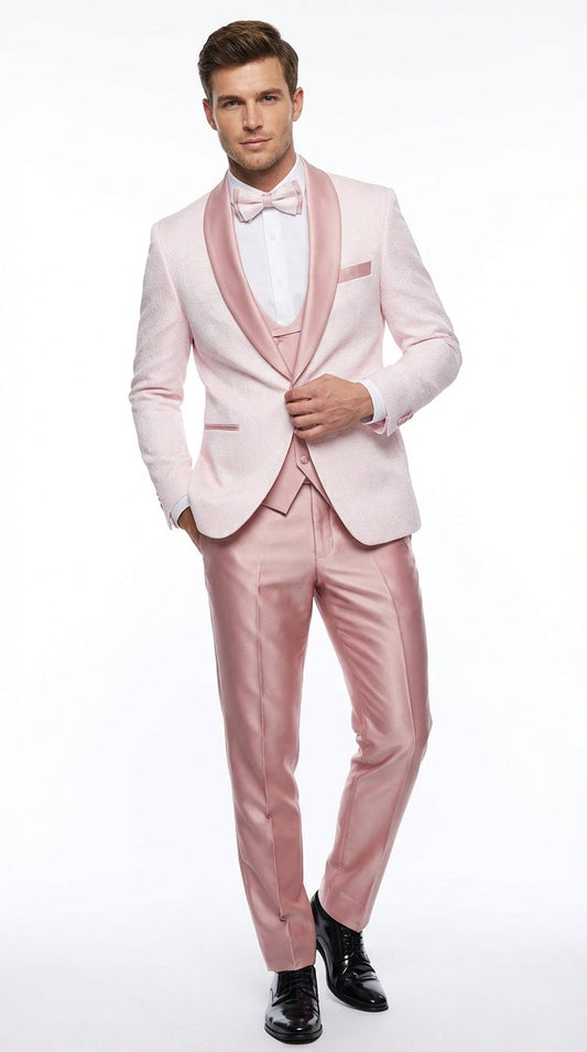 Men's Light Pink 3 Piece Tuxedo Suit Set | Shawl Lapel Formal Wedding Prom Dinner Suit in Rose Gold Color