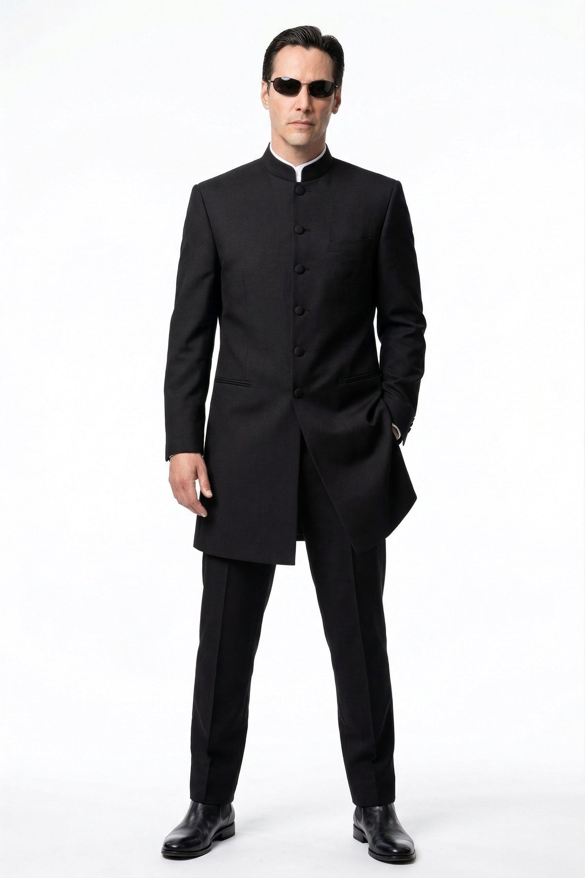 Men’s Black Coat Matrix Keanu Reeves Inspired Long Coat – Classic Mandarin Collar Formal Overcoat, Stylish Winter Trench Coat, Neo Style Jacket