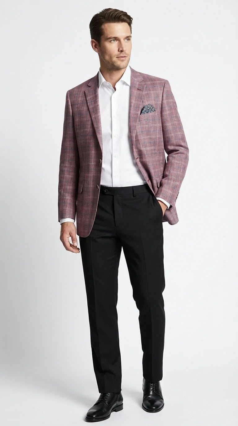 Mens Dusty Rose Mauve Pink with Tint of Blue Plaid Sport Coat Blazer – Classic Check Pattern Casual Blazer Jacket for Business Casual, Wedding