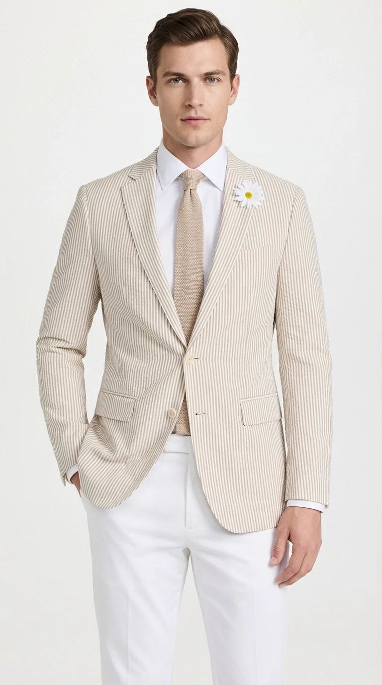 Mens Beige Seersucker Blazer – Lightweight Striped Summer Sport Coat Casual Smart Formal Jacket