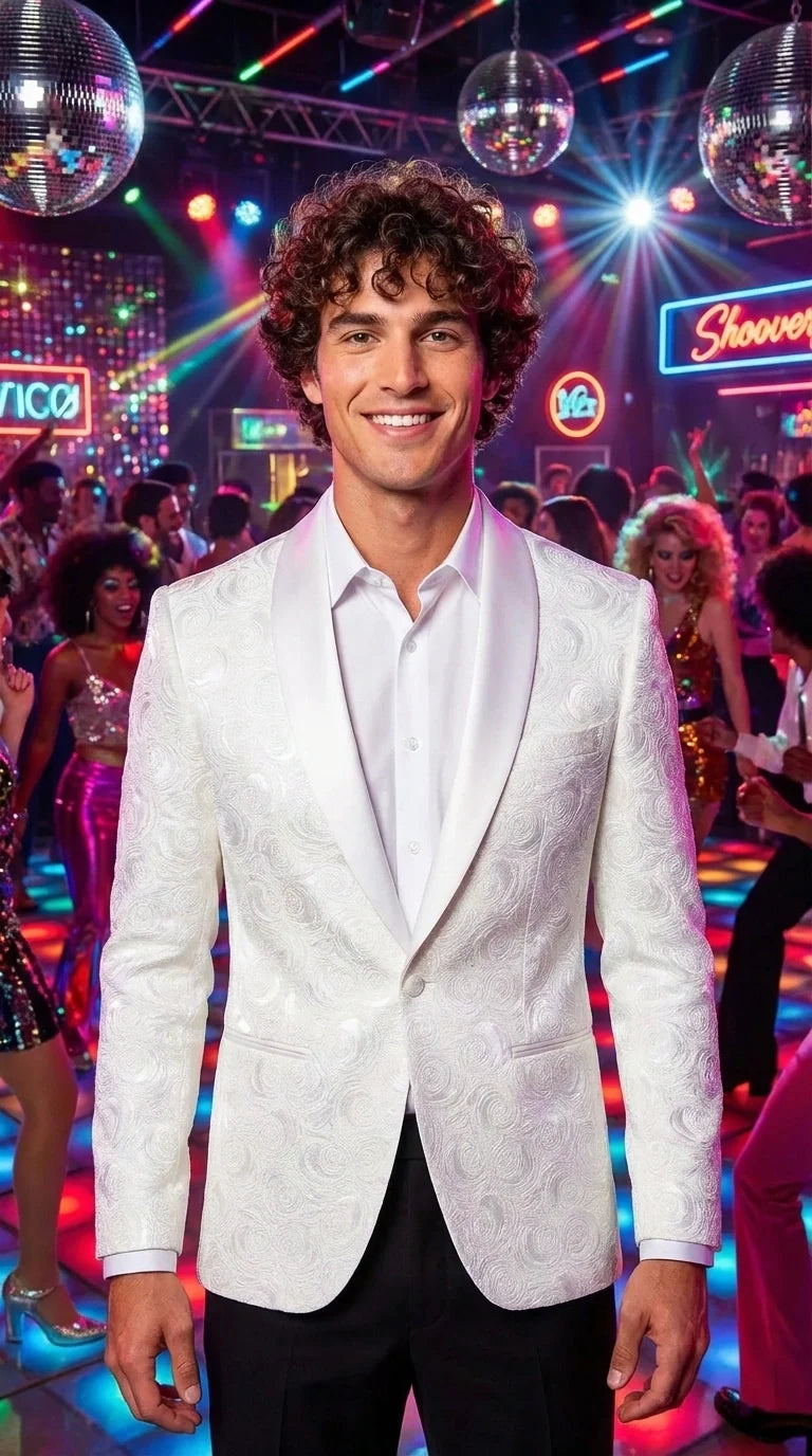Men’s White Paisley Disco Blazer 1980s Style Jacket – Shawl Lapel Formal Party Blazer, Elegant Masquerade Club Wear, Stylish Evening Outfit