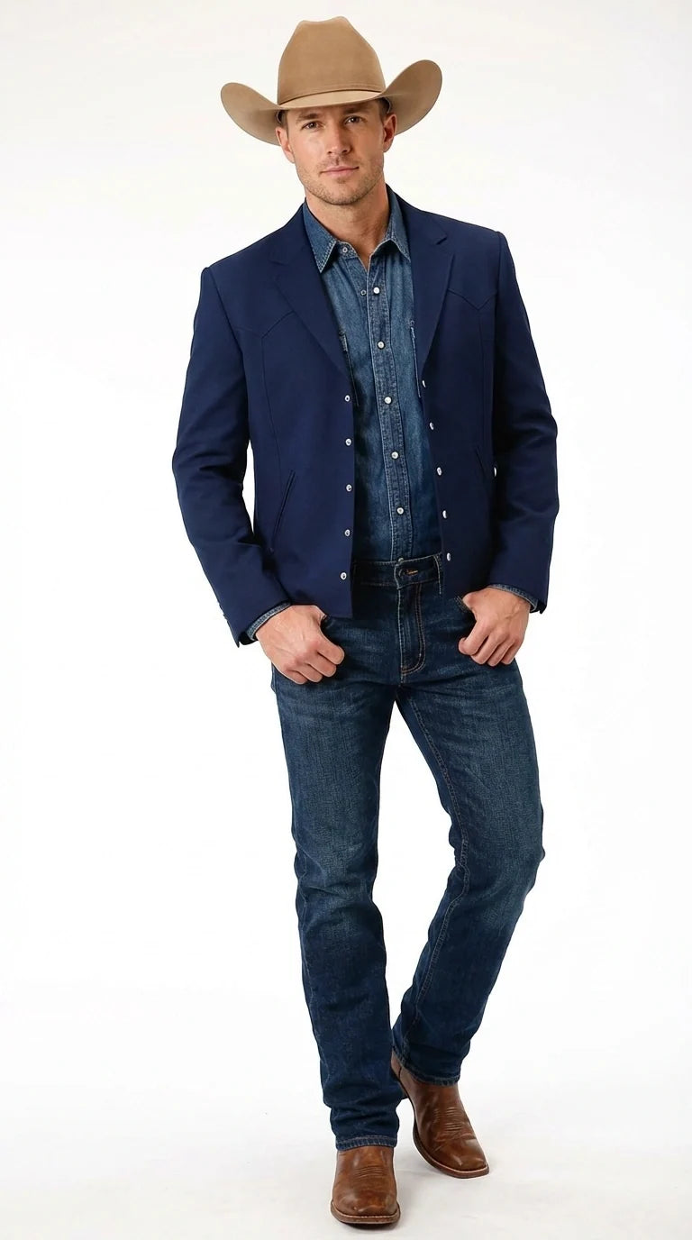 Mens Navy Blue Western Blazer Set – Cowboy Style Jacket and Pants Outfit Classic Country Western Blazer