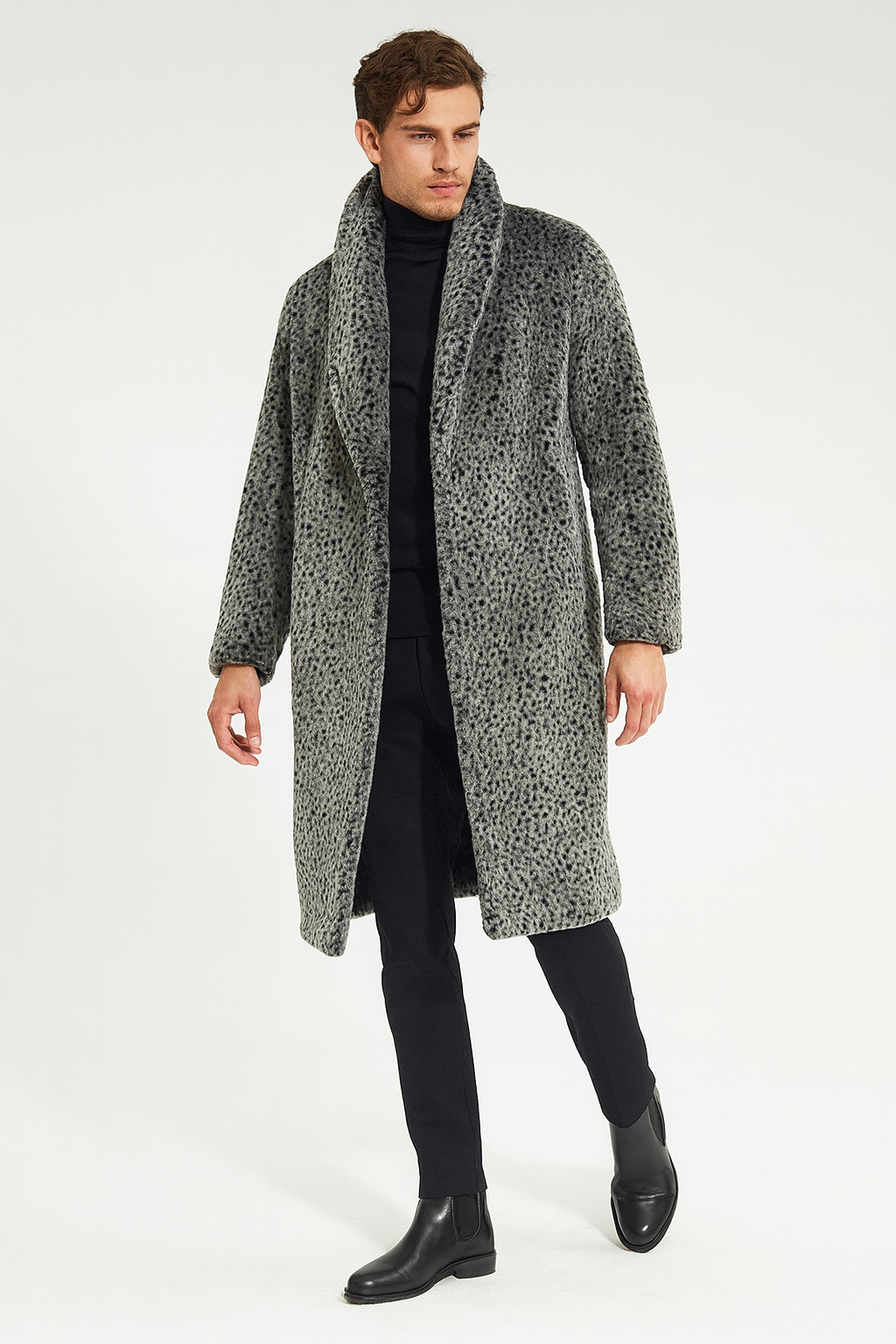 Mens Luxury Long Grey Faux Fur Coat -Winter Overcoat with Animal Print Design