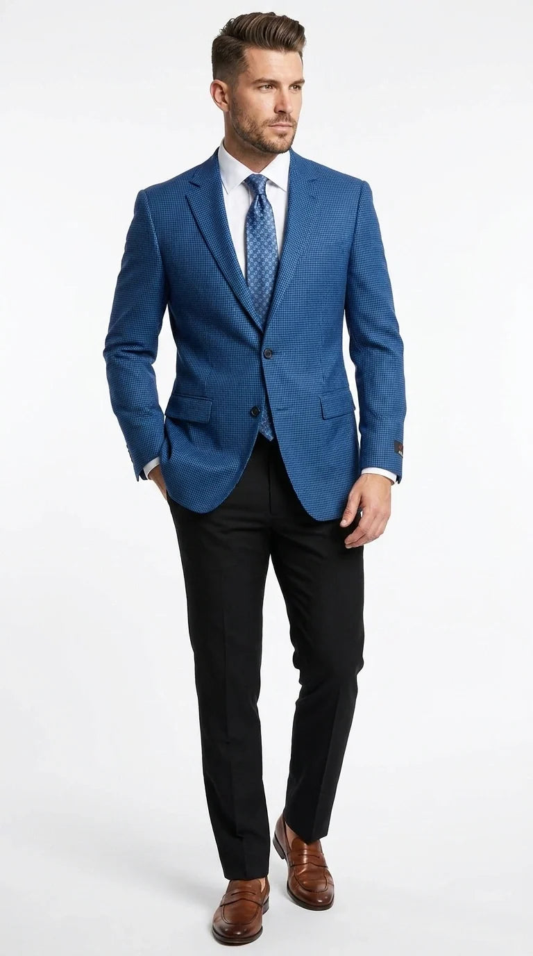 Men’s Blue Houndstooth Blazer Jacket, Check Pattern Formal Sport Coat for Weddings, Prom, Parties, and Special Occasions