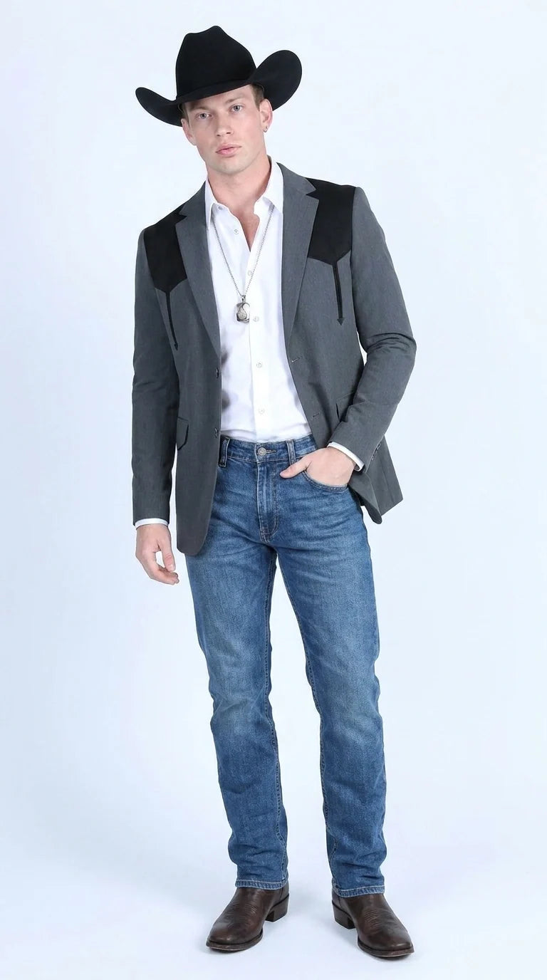Men’s Dark Charcoal Western Blazer with Black Suede Yokes, Cowboy Sport Coat for Ranch Wedding and Country Events