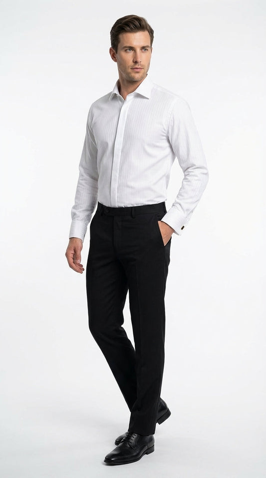 Mens White Herringbone Shadow and Tone on Tone Dress Shirt – Classic Formal Wedding