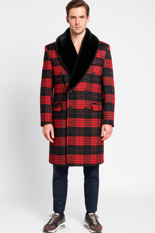 Mens Red and Black Plaid Wool Overcoat with Black Faux Fur Shawl Collar Double-Breasted Winter Coat - Tartan Design