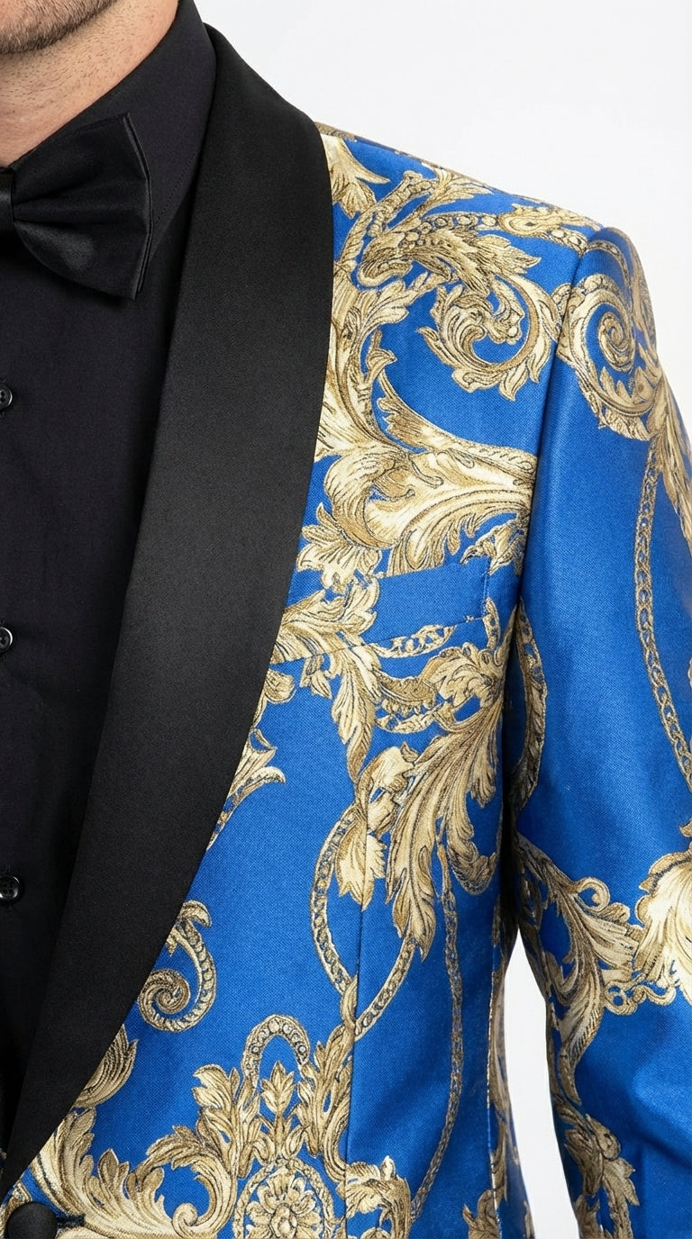 Men’s Royal Blue and Gold Blazer Jacket – Luxury Floral Pattern Tuxedo Blazer, Formal Party Wedding Dinner Jacket, Stylish Evening Wear
