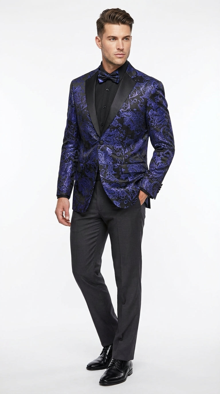 Mens Royal Blue Paisley Jacquard Blazer – Luxury Pattern Tuxedo Dinner Jacket with Black Satin Lapel for Wedding, Prom With Bowtie