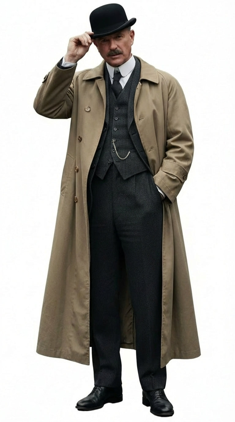 Mens Beige Cotton Trench Coat Suit Package Classic Long Overcoat for Formal + Suit + Hat