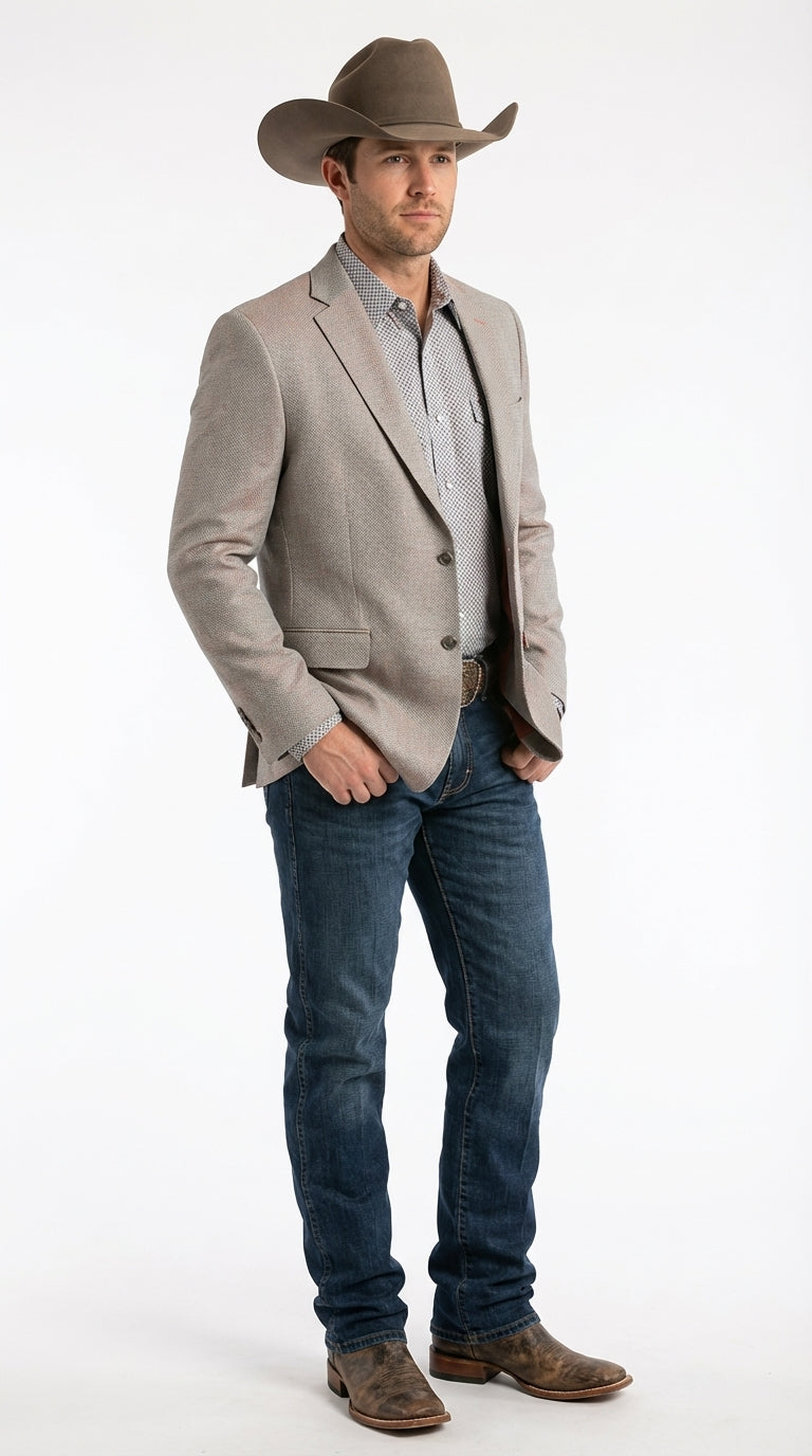Mens Textured  Light Grey Western Blazer – Cowboy Style Casual Sport Coat for Men Classic Western Jacket
