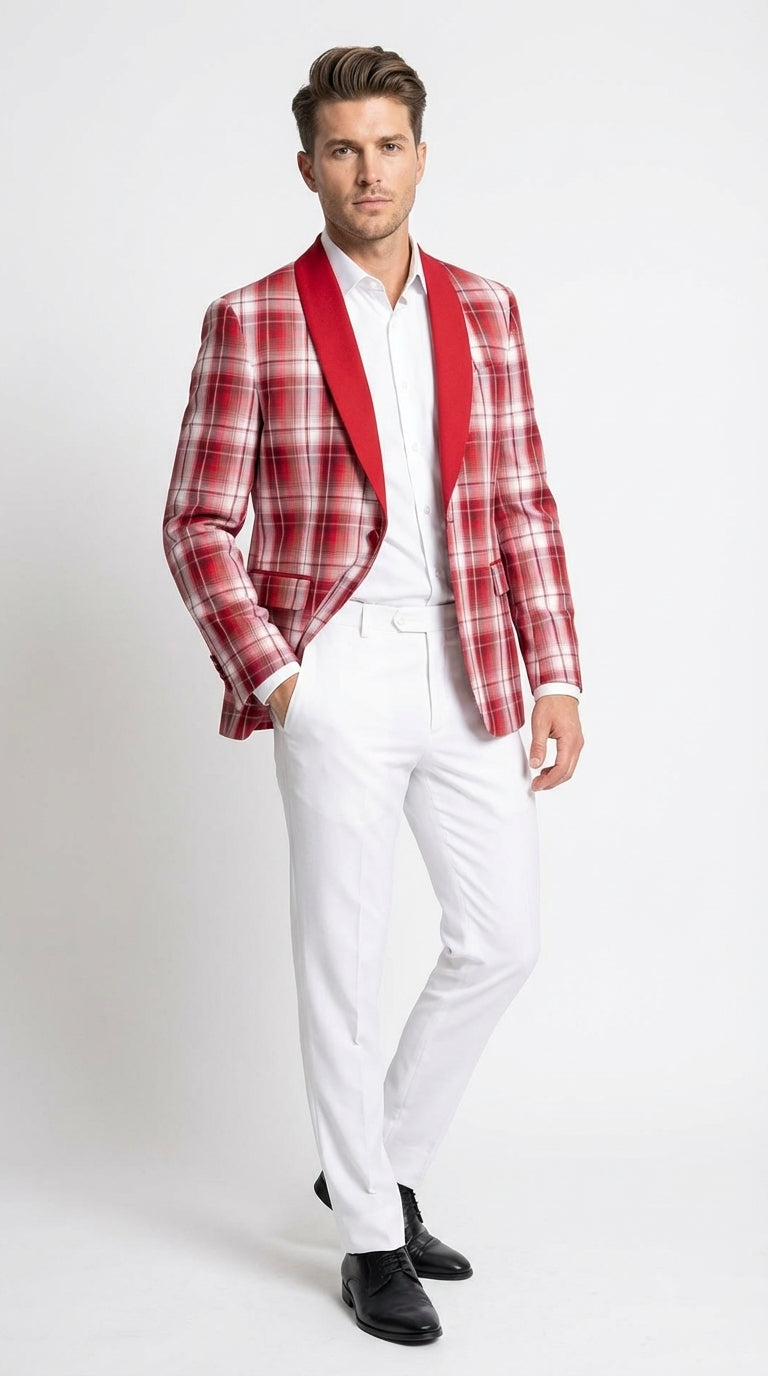 Mens Tartan Red and White Plaid Blazer – Check Pattern Sport Coat Red Shawl Lapel Party Christmas Holiday New Year