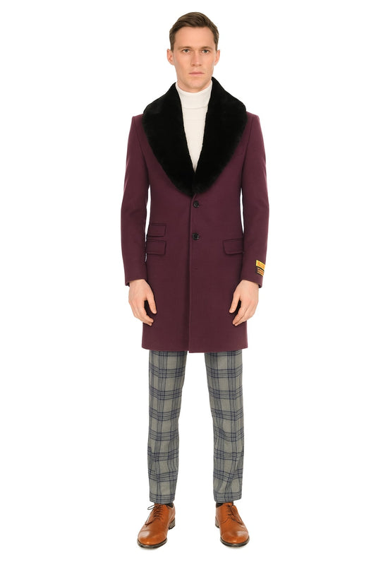 Mens Purple Wool Overcoat with Black Faux Fur Collar Luxury Winter Dress Coat for Formal and Casual Wear