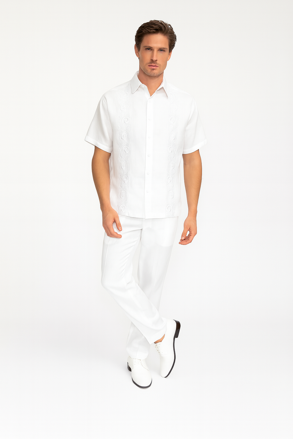Mens White Embroidered Guayabera Two-Piece Set Short Sleeve Shirt and Pants