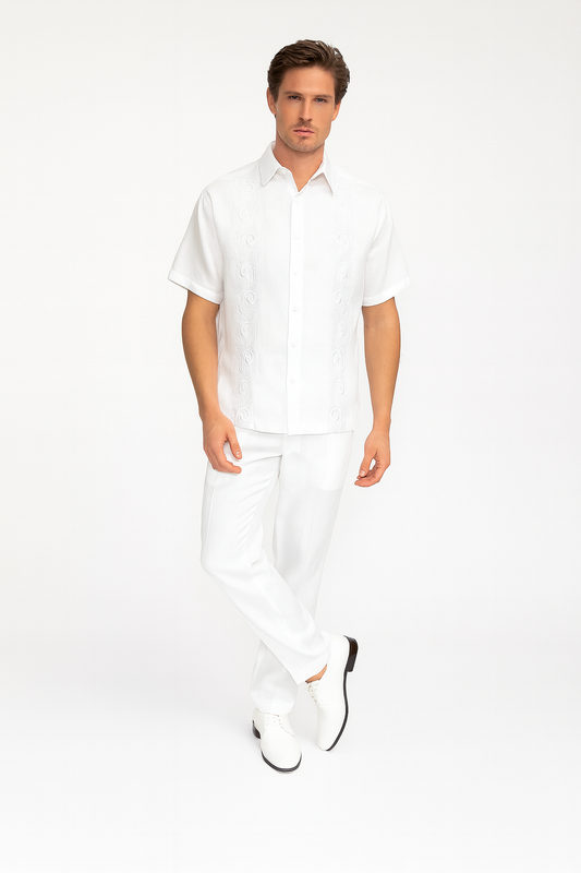 Mens White Embroidered Guayabera Two-Piece Set Short Sleeve Shirt and Pants