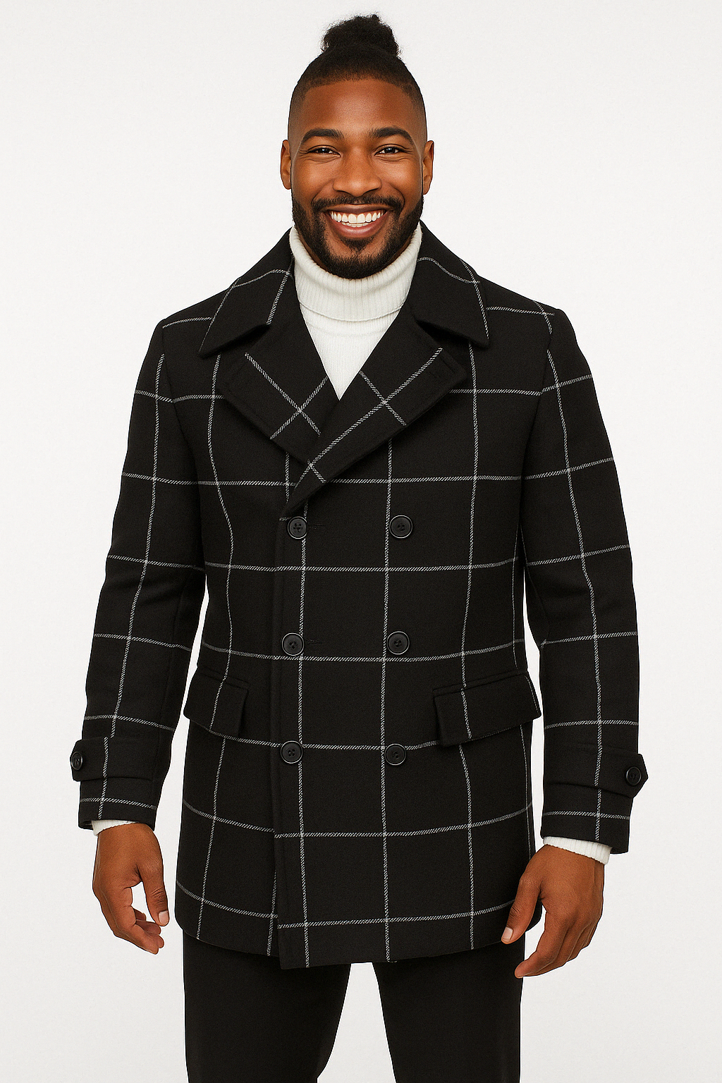 Black Plaid Overcoat - Topcoat With WindowPane Pattern Double Breasted Style