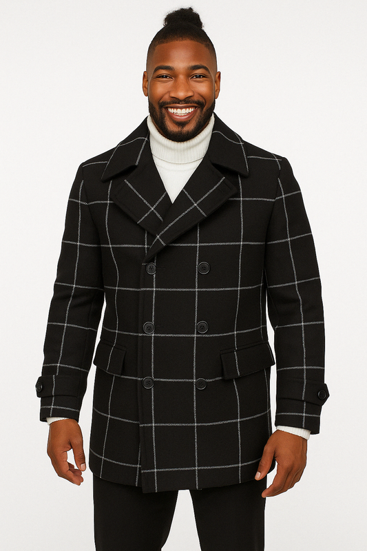 Black Plaid Overcoat - Topcoat With WindowPane Pattern Double Breasted Style