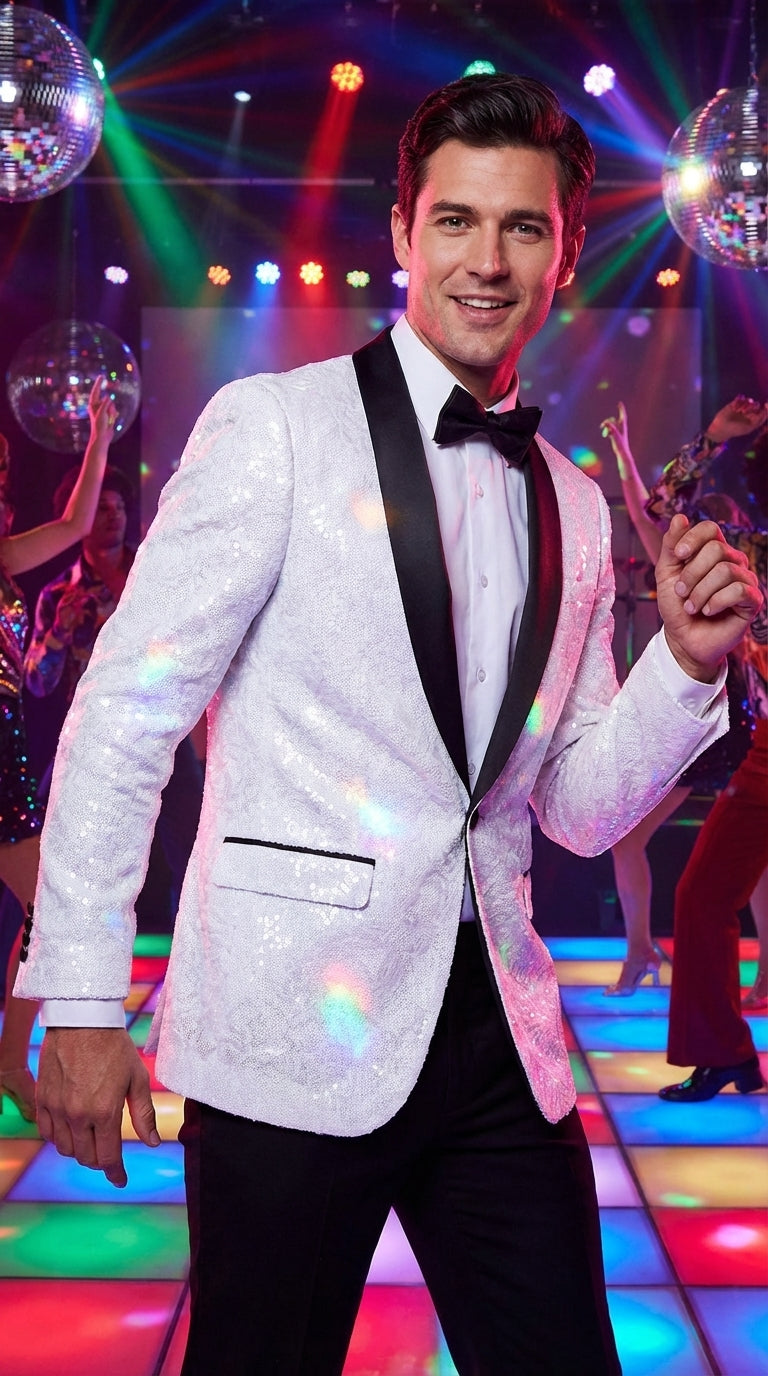Men’s White Dinner Jacket Disco Blazer 1980s Sequin Style Jacket – Black Lapel Party Blazer, Formal Masquerade Club Wear Paisley Fabric + Bowtie