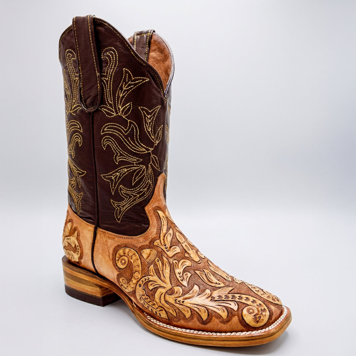 Mens White Diamond Boot Men's Natural Hand-Tooled Western Boots Square Toe