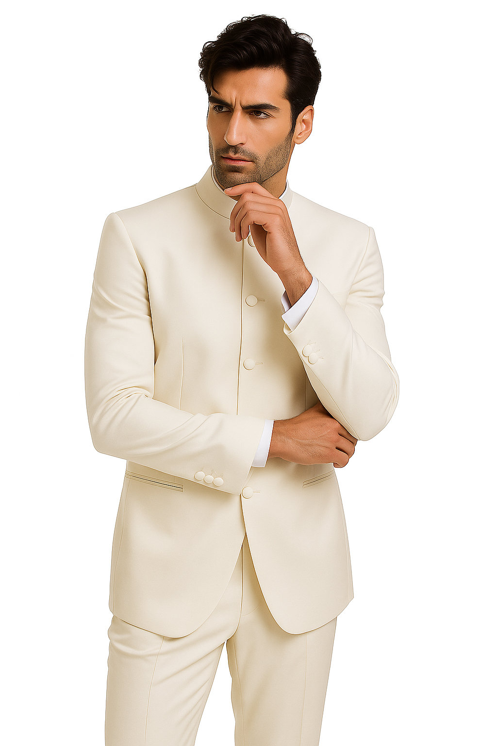Mandarin Collar Tuxedo - Mandarin Tuxedo - No Collar Suit - Ivory Suit