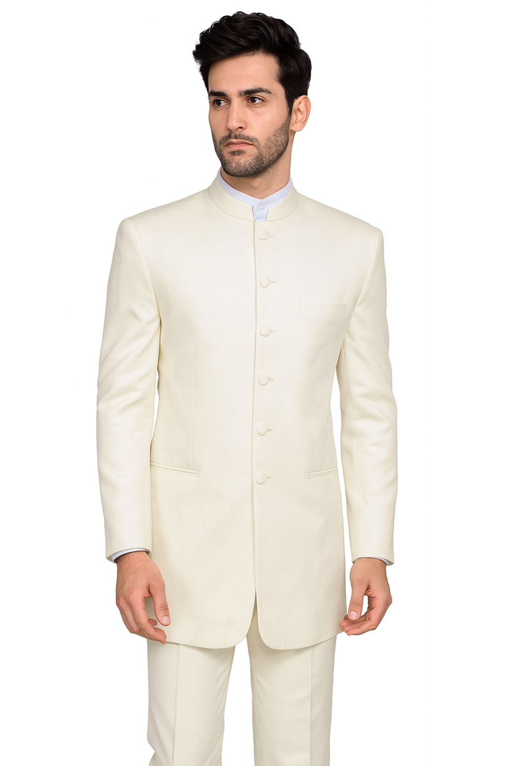 Mandarin Collar Tuxedo - Mandarin Tuxedo - No Collar Suit - Cream Suit