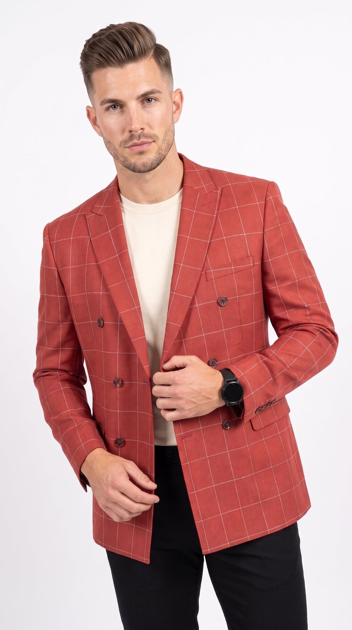 Men's Red Windowpane Plaid Double Breasted Suit – Modern Fit 2 Piece Wedding, Prom & Formal Dress Suit