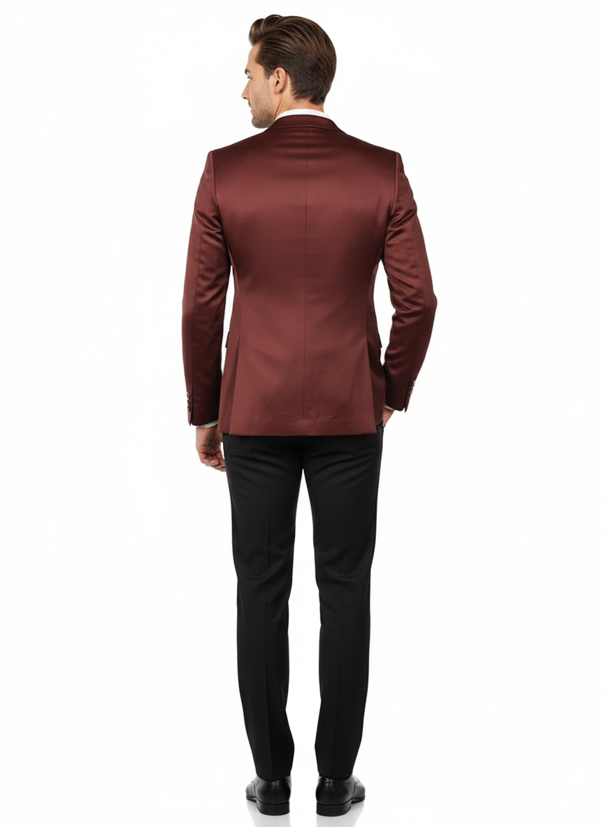 Men’s Slim Fit Maroon Satin Blazer – Elegant Two-Button Formal Suit Jacket for Weddings, in Maroon Wine Color