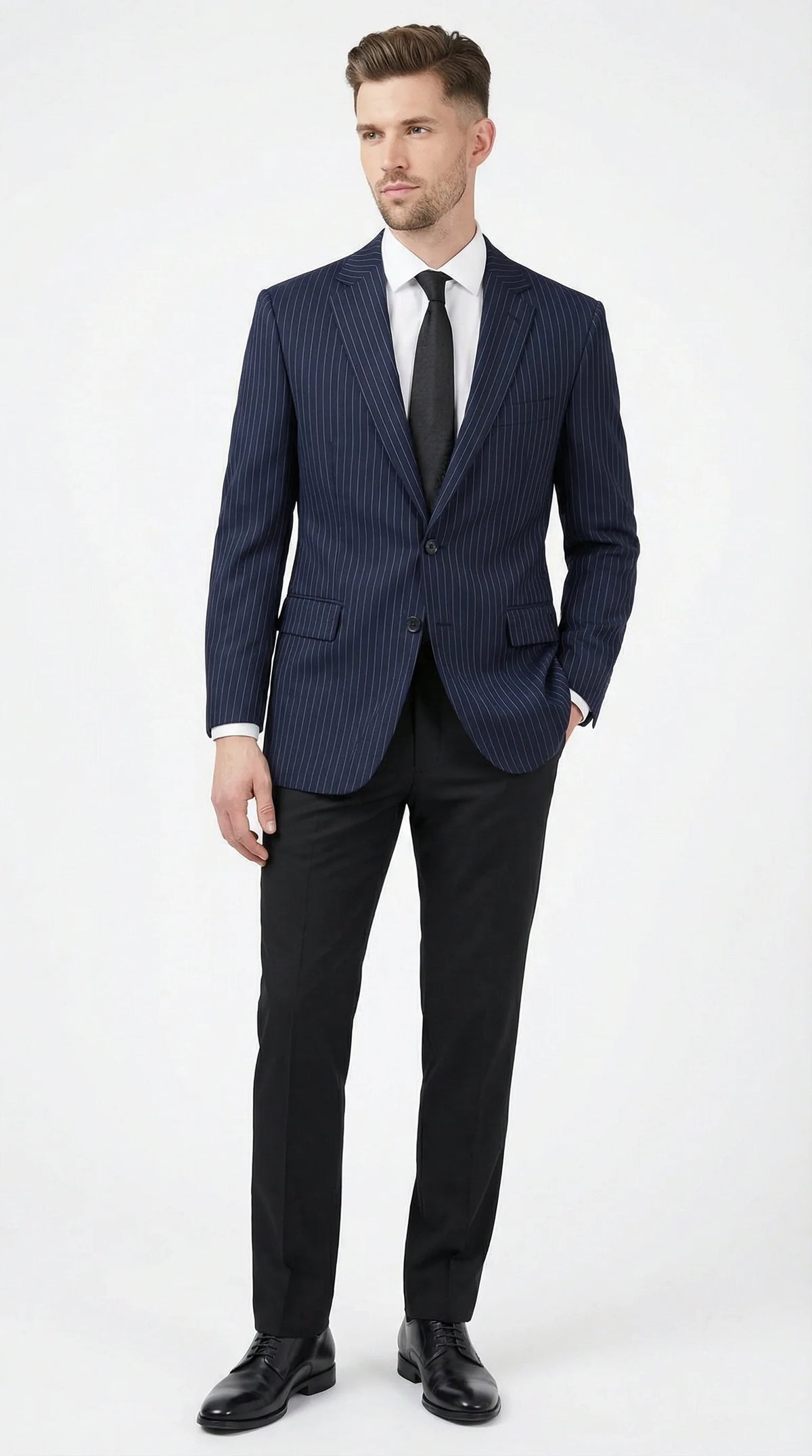 Mens Navy Blue Pinstripe Blazer Classic Tailored Formal Jacket for Business, Office and Professional Wear