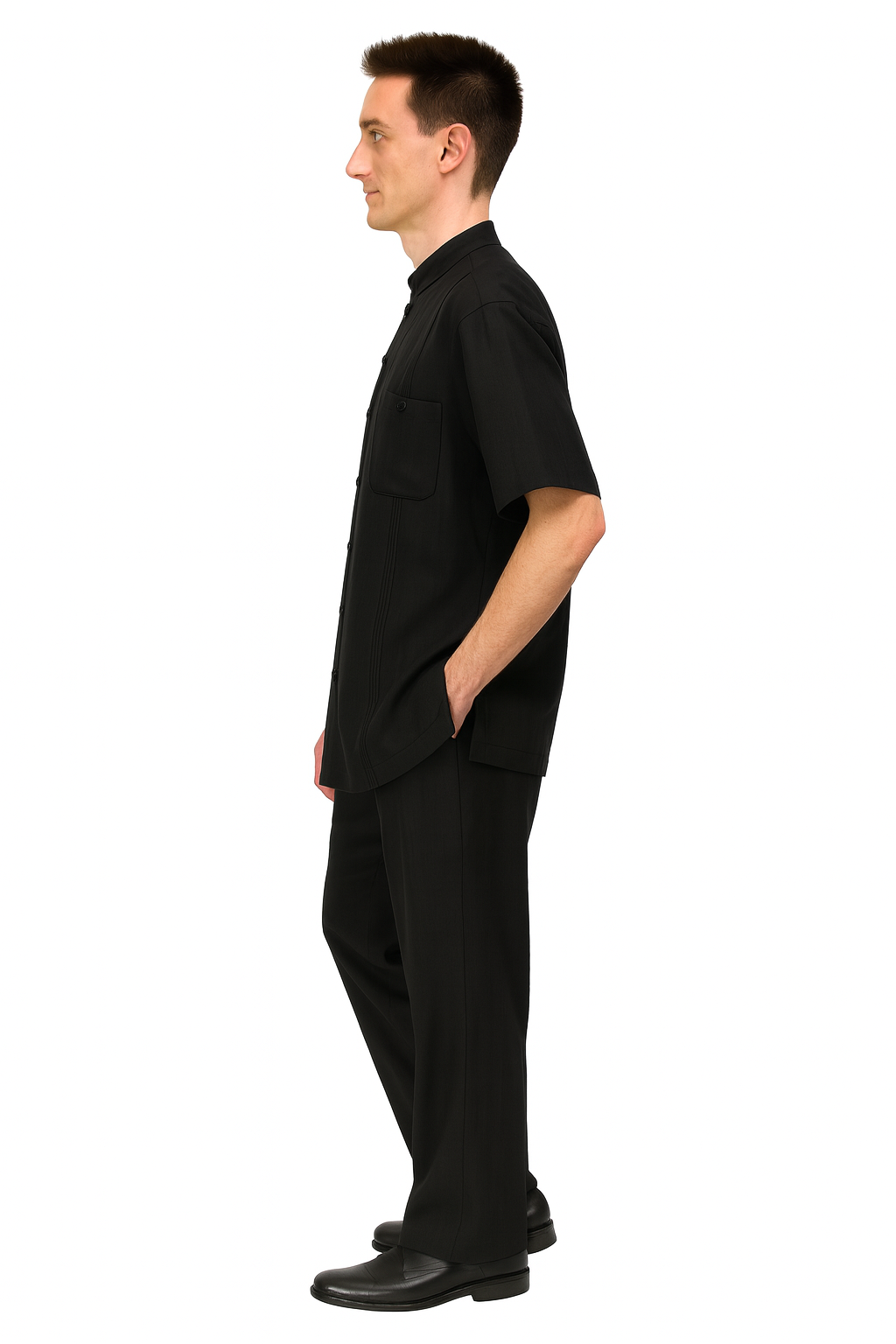 Mens Black Banded Collar Walking Suit Short Sleeve Shirt and Matching Pants Banded Collar Linen Fabric