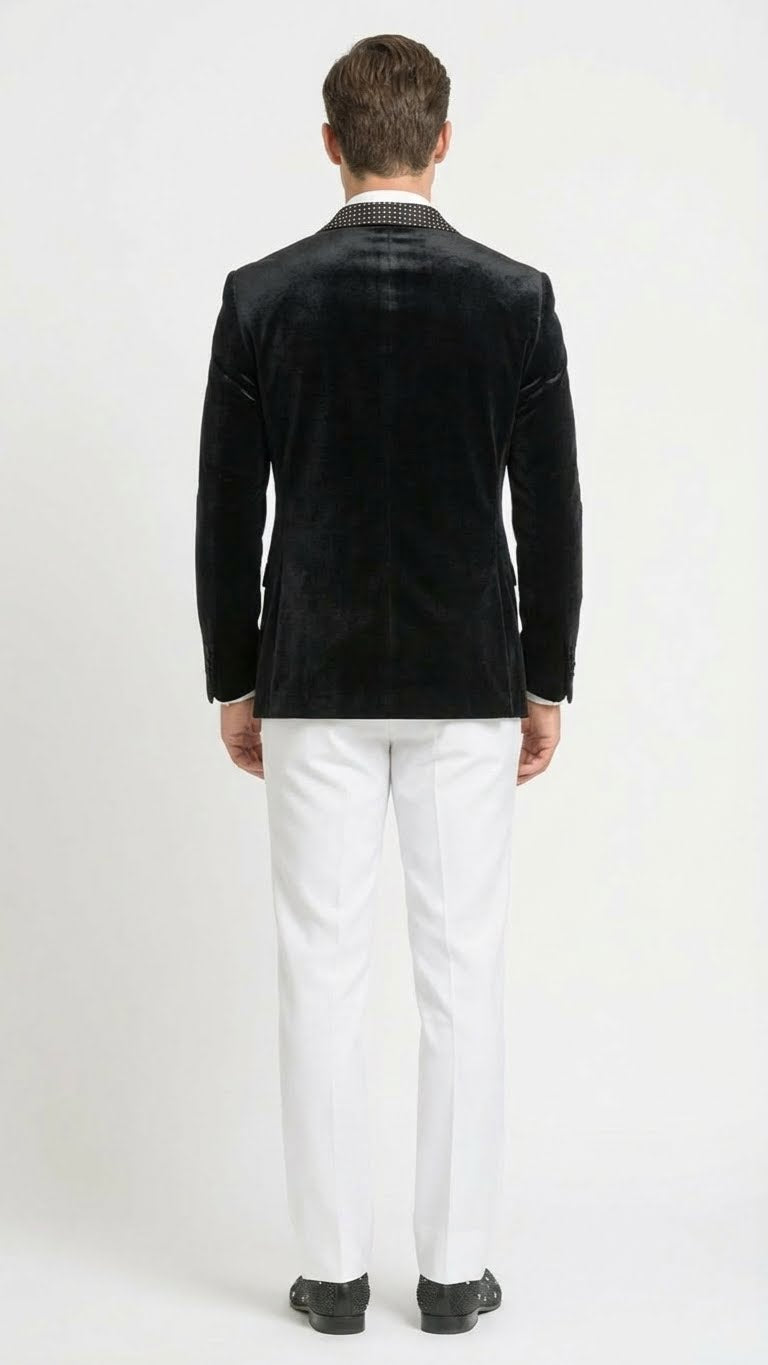 Mens Black Velvet Tuxedo Blazer with Studded Lapel  Formal Evening Jacket