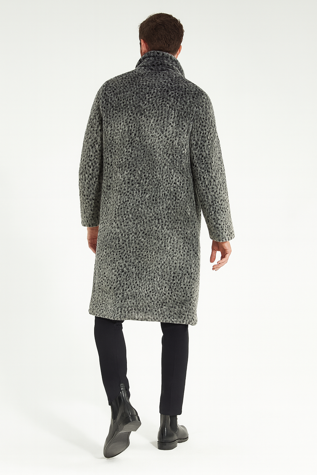 Mens Luxury Long Grey Faux Fur Coat -Winter Overcoat with Animal Print Design