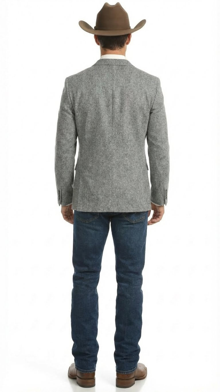 Men's Grey Tweed Herringbone Western Blazer Jacket  Style Look, Textured Formal Casual Sport Coat for Jeans