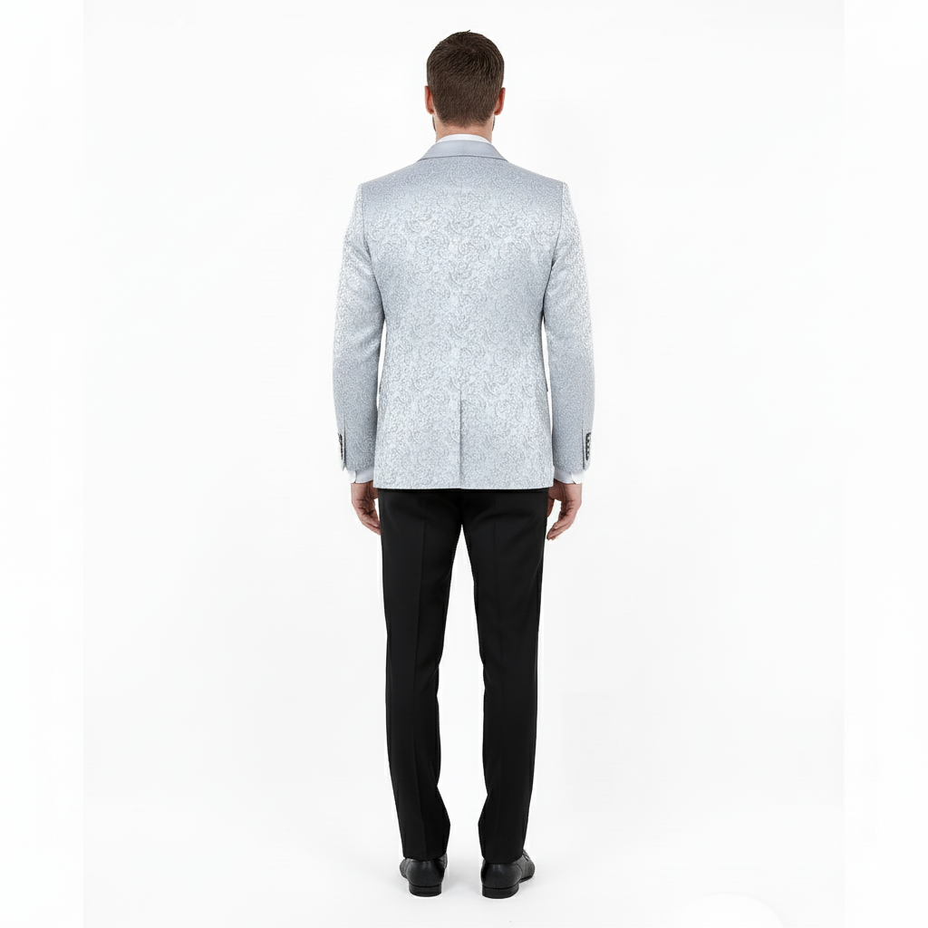Big and Tall Mens Silver Gray Paisley Tuxedo Jacket Satin Shawl Lapel Blazer for Weddings, Proms, and Formal Events