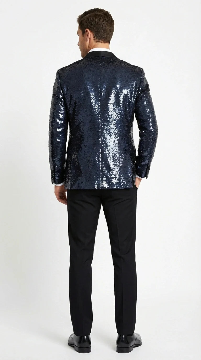 Men’s Navy Sequin Blazer – Navy Blue Sparkle Sequin Formal Blazer with Satin Lapel for Prom, Party and Evening Events