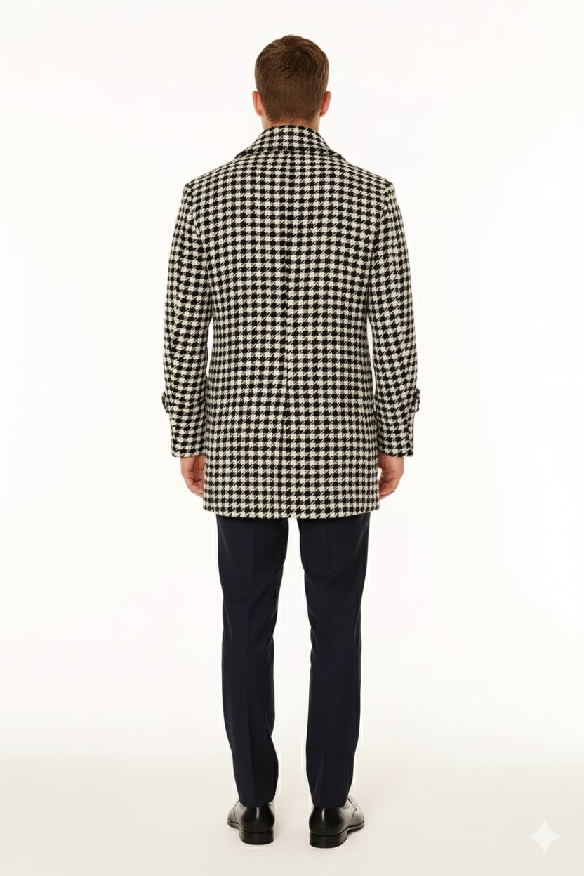 Mens Houndstooth Double-Breasted Overcoats Classic Black and White Wool Blend Peacoat Wool Fabric