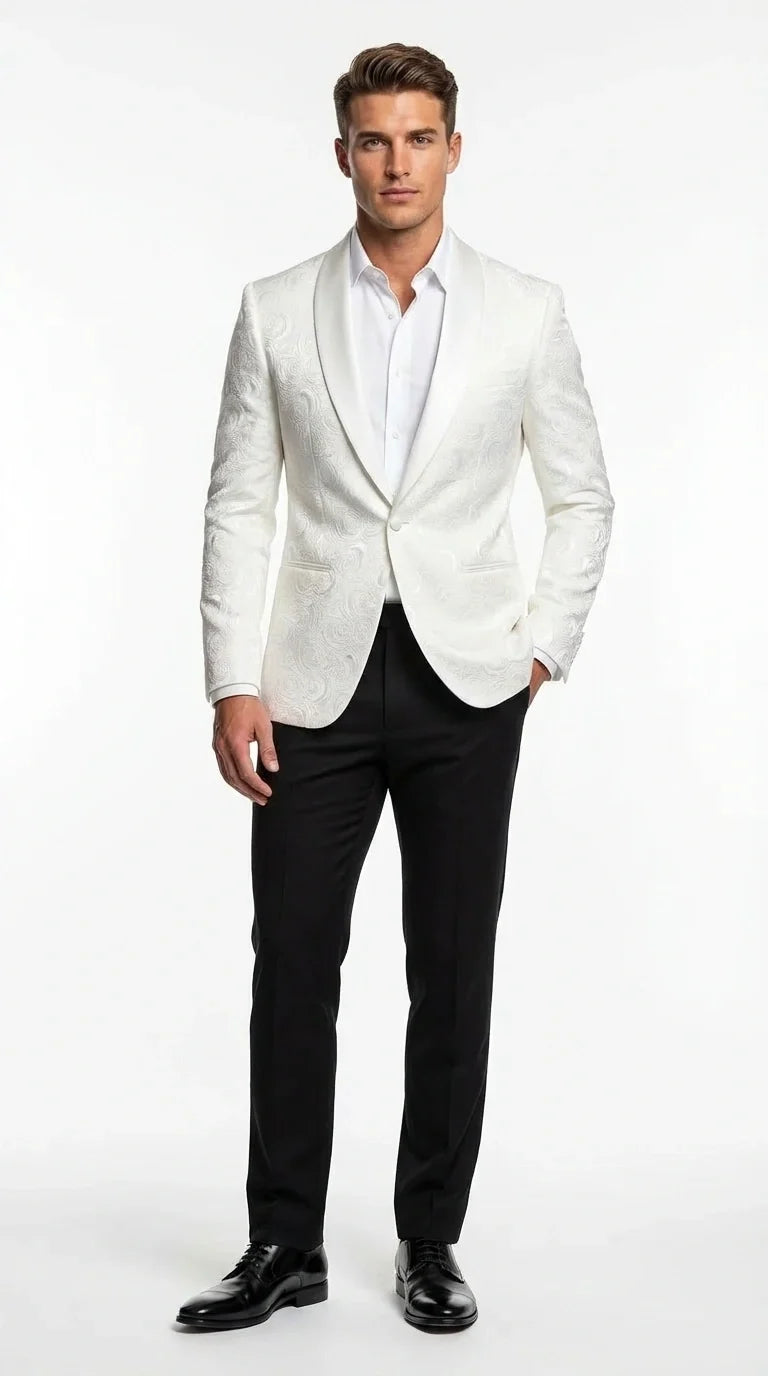 Men’s White Paisley Disco Blazer 1980s Style Jacket – Shawl Lapel Formal Party Blazer, Elegant Masquerade Club Wear, Stylish Evening Outfit