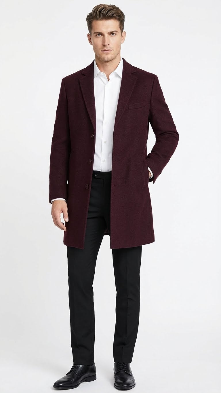 Mens Burgundy Long Coat Classic Fit Wool Blend Overcoat - Topcoat Full length