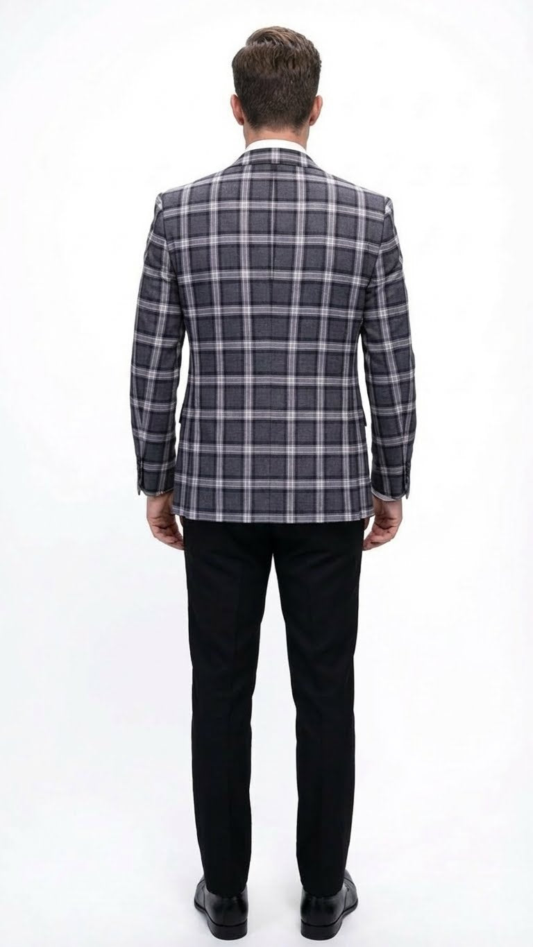 Mens Big and Tall Charcoal Gray and Black Plaid Blazer Grey Checker Windowpane Sport Coat