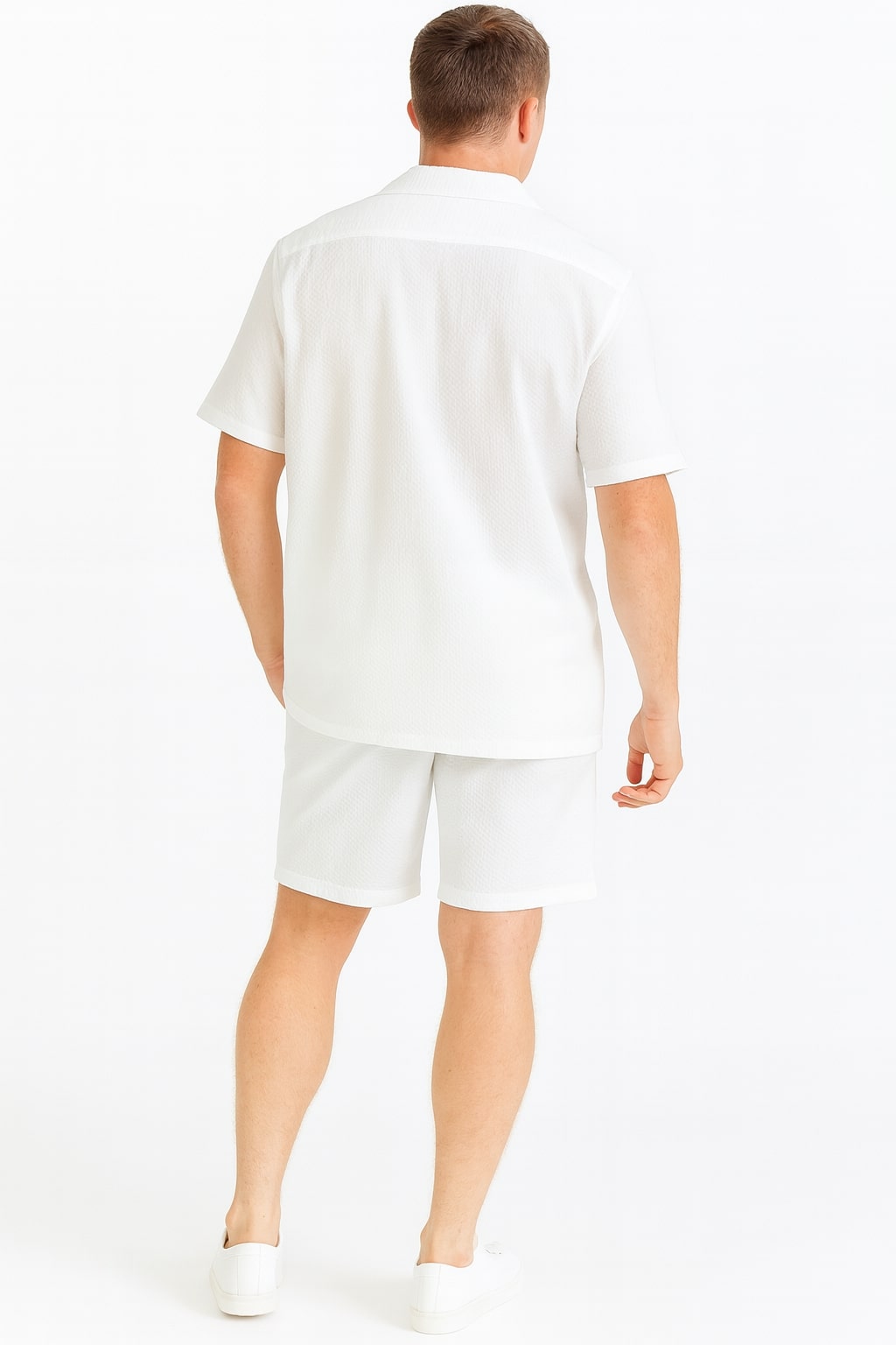 Mens White Seersucker Short Set Lightweight Summer Outfit with Shirt and Shorts