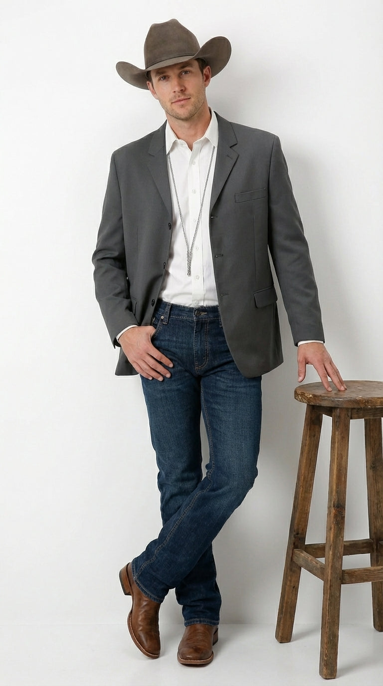 Mens Charcoal Grey Three Buttons Western Blazer – Classic Fit Cowboy Style Three Button Formal Dress Jacket