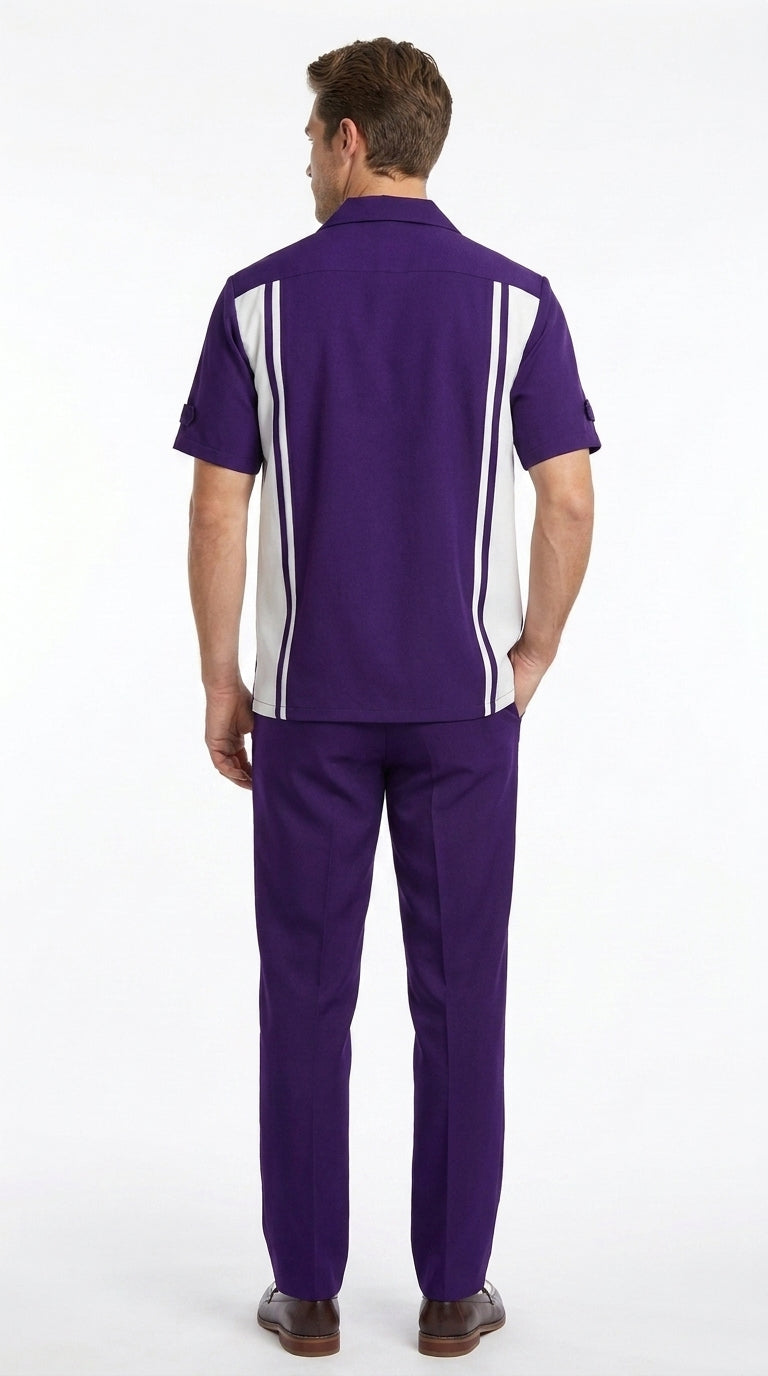 Men’s Purple and White Walking Suit – 2-Piece Short Sleeve Casual Leisure Outfit